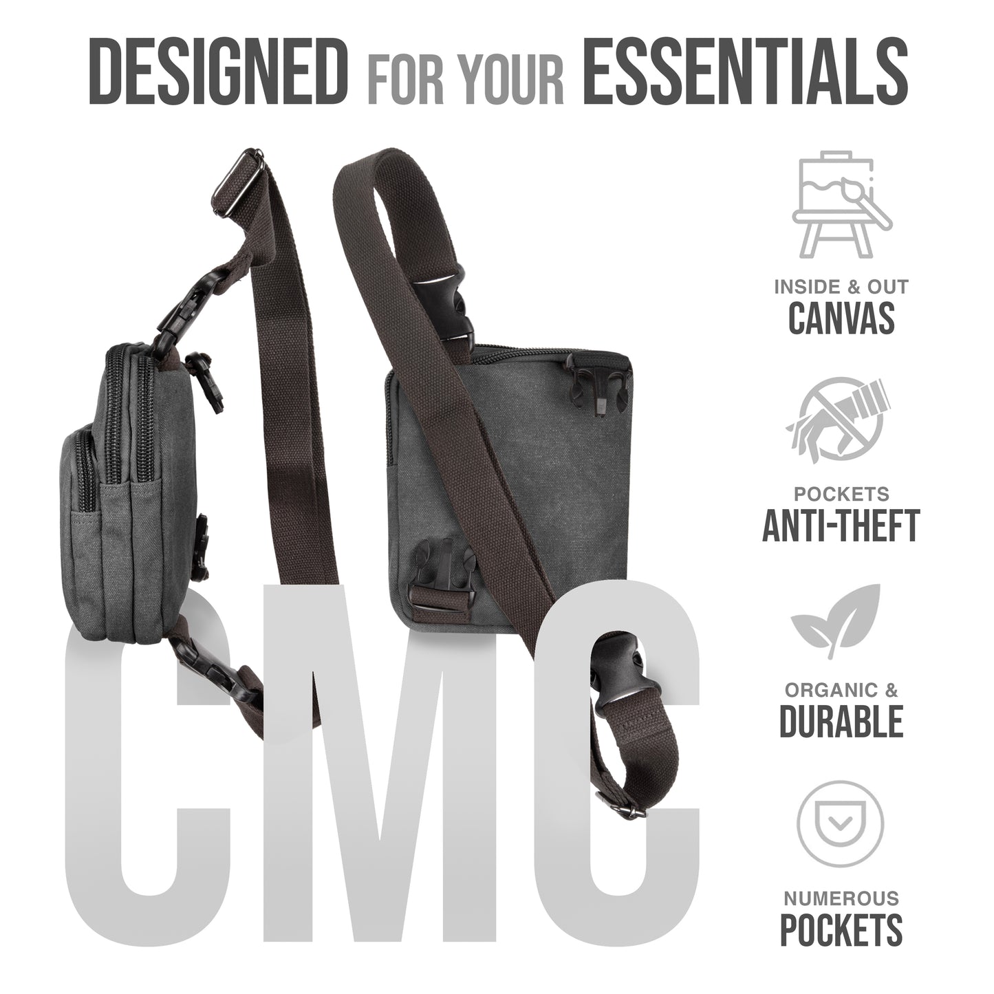 Ama Dablam 16oz Canvas Crossbody Bag | Multiple Pockets, Durable Zippers, Adjustable Straps | Perfect for Travel, Gym & Daily Use (Charcoal)
