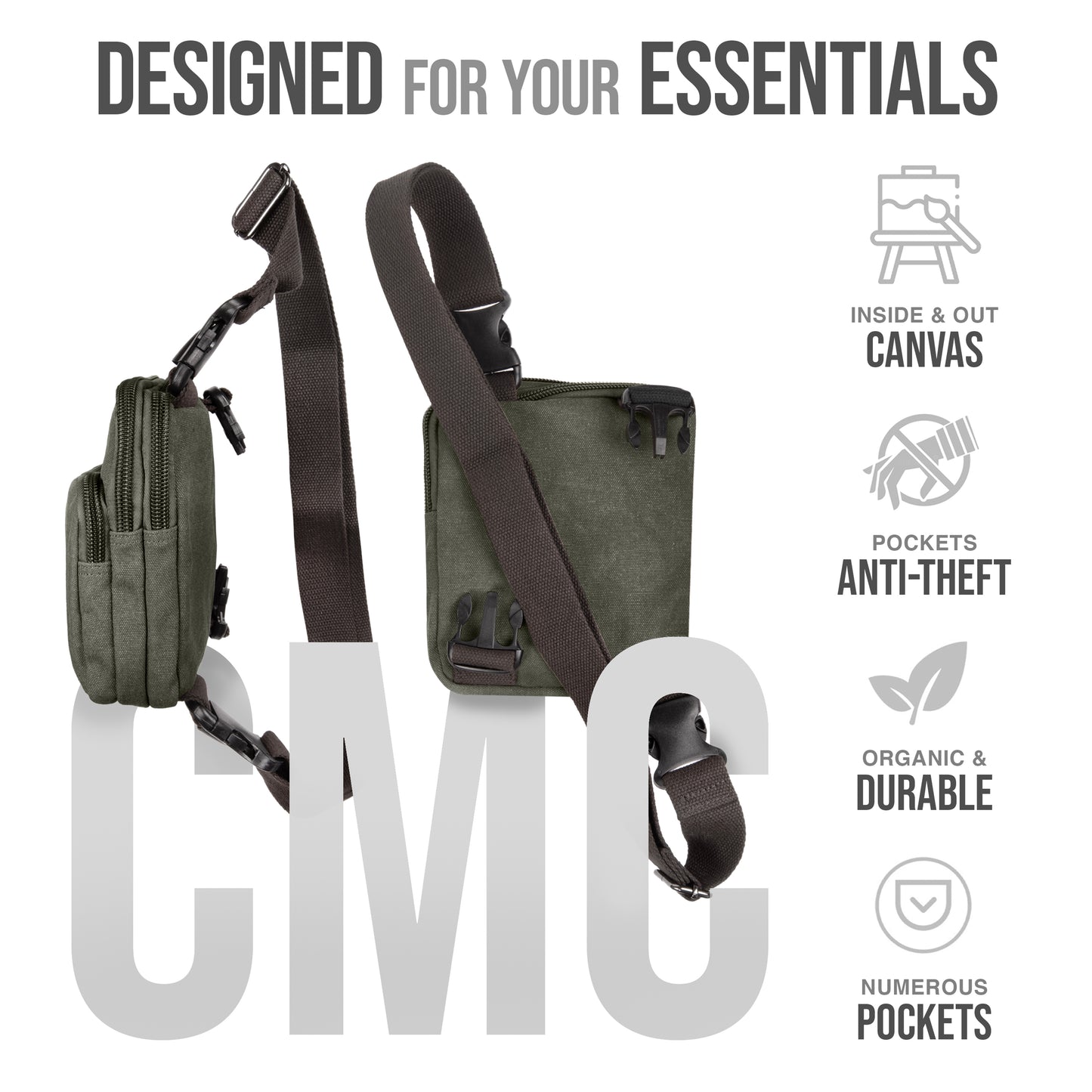 Ama Dablam 16oz Canvas Crossbody Bag | Multiple Pockets, Durable Zippers, Adjustable Straps | Perfect for Travel, Gym & Daily Use (Olive)