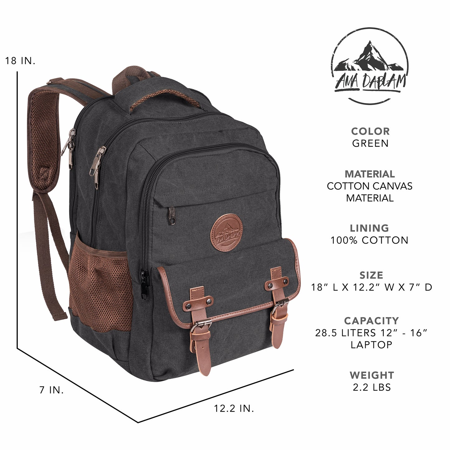 Ama Dablam Original Canvas Backpack | 18” Laptop Pocket | XL Size - 30L | Many Pockets | Durable Zippers (Charcoal)