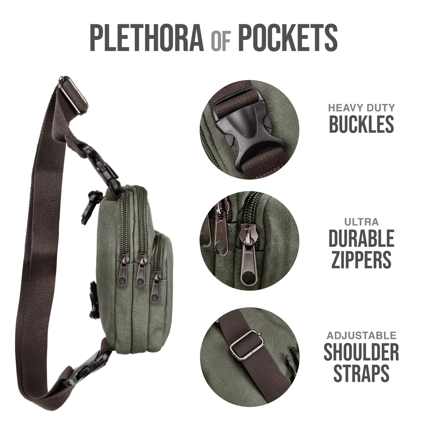 Ama Dablam 16oz Canvas Crossbody Bag | Multiple Pockets, Durable Zippers, Adjustable Straps | Perfect for Travel, Gym & Daily Use (Olive)