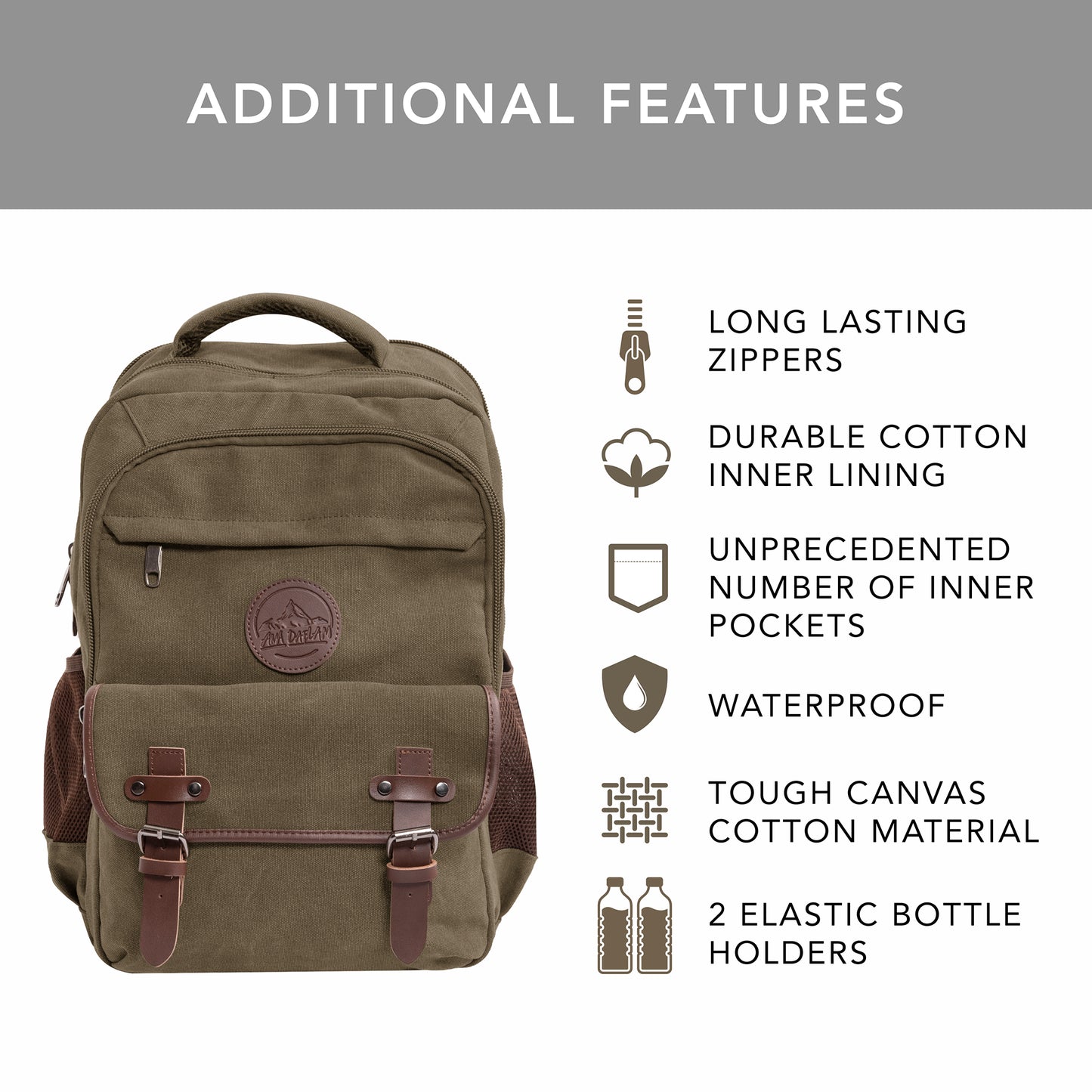 Ama Dablam Original Canvas Backpack | 18” Laptop Pocket | XL Size - 30L | Many Pockets | Durable Zippers (Olive)
