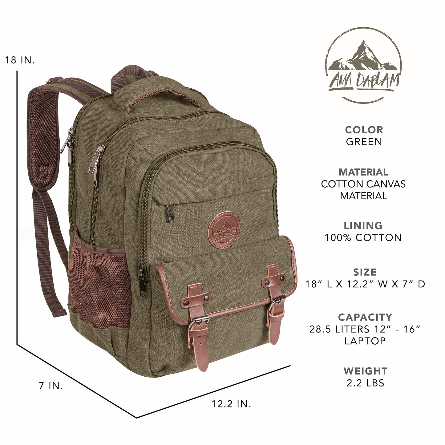 Ama Dablam Original Canvas Backpack | 18” Laptop Pocket | XL Size - 30L | Many Pockets | Durable Zippers (Olive)